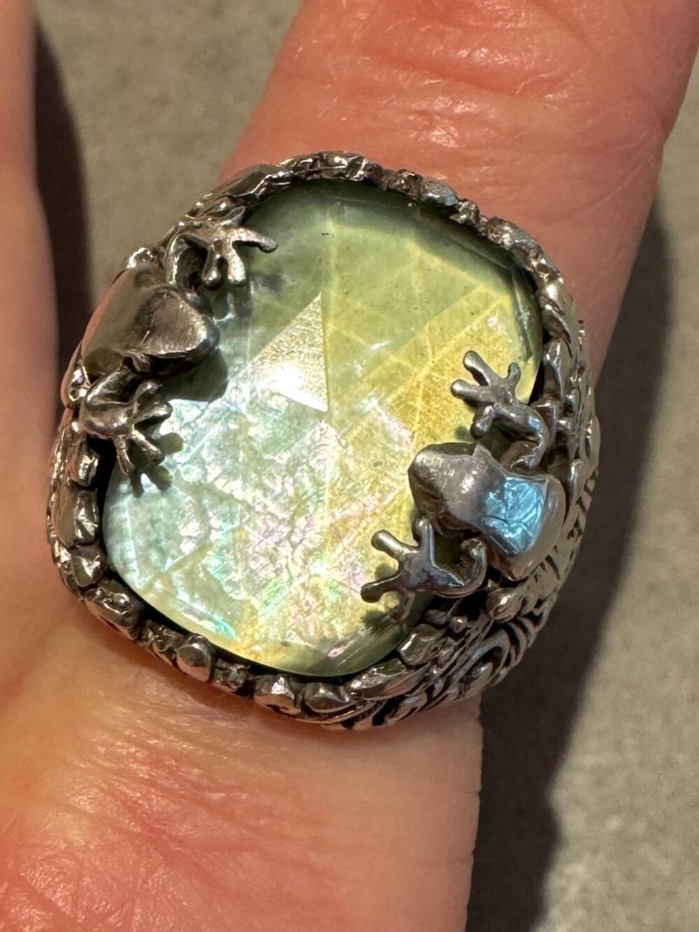 Sarda Sterling Silver Frog Ring Serpentine Triplet 9.5 Vintage Art Nouveau Deco